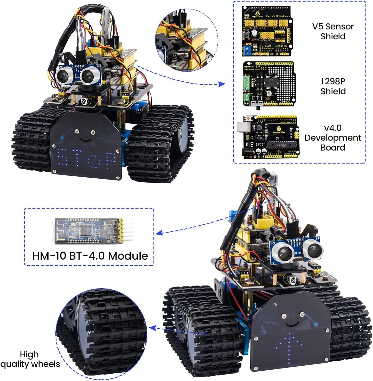 KEYESTUDIO Mini Tank Robot V2 Smart Car Kit for Arduino, IR Infrared and App Remote Control (iOS and Android), Light and Ultrasonic Follow, 8X16 LED Panel, Ultrasonic Obstacle Avoidance,15+