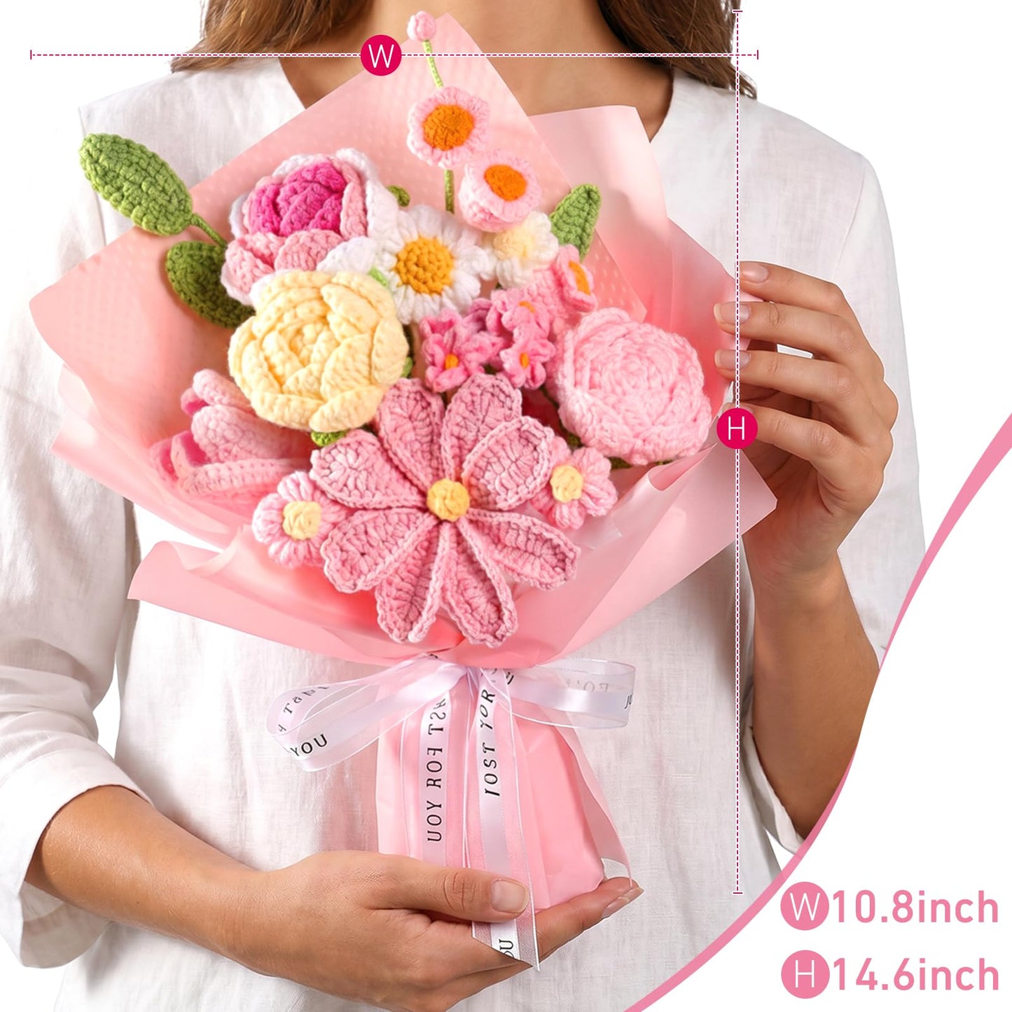 Crochet Flower Bouquet Pink, Handmade Knitted Floral, Crochet Tulips Galsang Flower for Women Mom Wife Girlfriend for Mother's Day Valentine's Day Birthday Anniversary Graduation with Gift Bag & Card