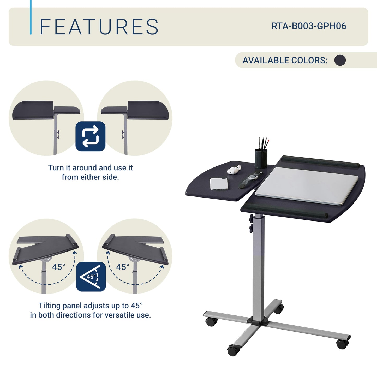 Techni Mobili Rolling Adjustable Laptop Cart, Graphite