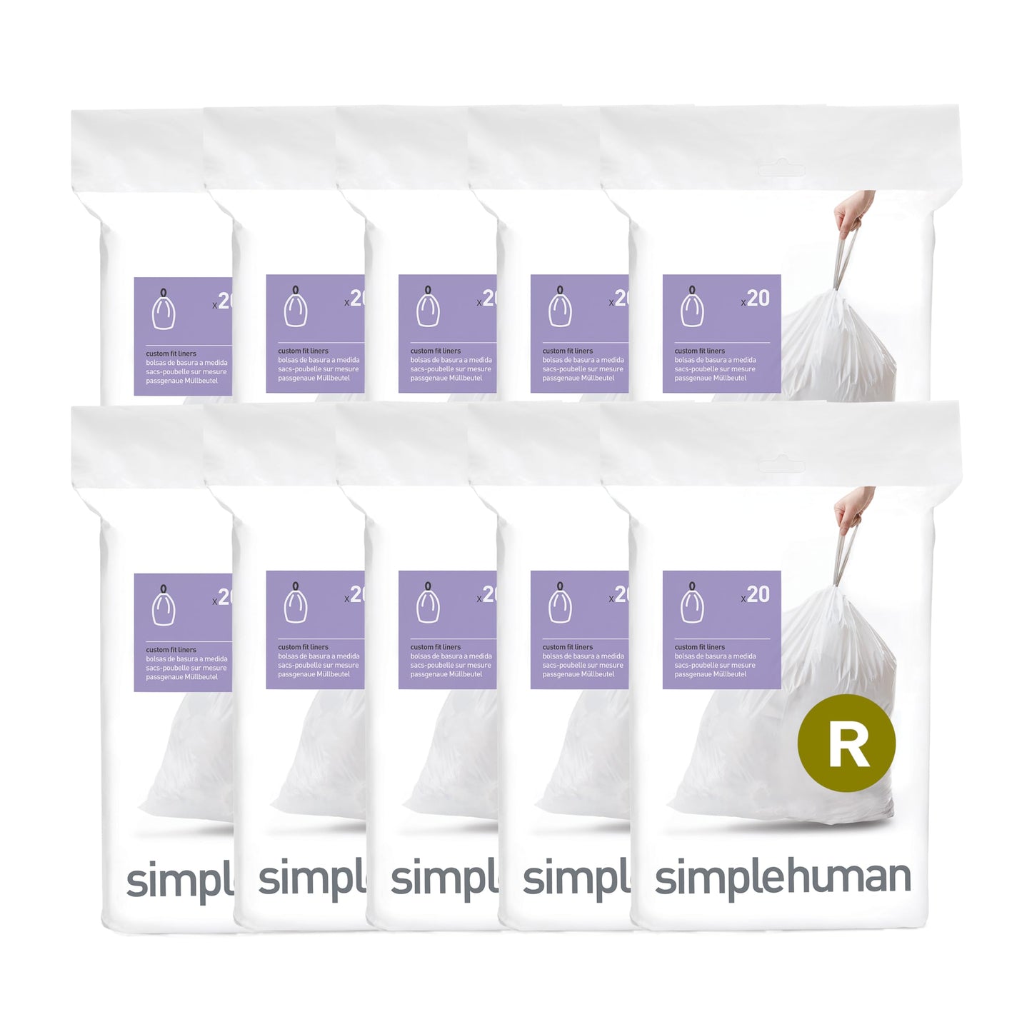 simplehuman Code R 200 Count Custom Fit Liners, Drawstring Kitchen Trash Bags, One-by-One Mess-Free Dispense, Extra Thick & Double Seamed, 50% PCR Plastic, 9-10 Liter / 2.6 Gallon, White