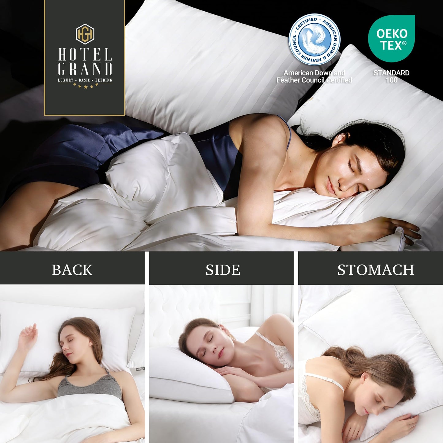 Hotel Grand Bed Pillows Queen Size Set of 2 Packs - 500 Thread Count 100% Cotton Medium Firm Hypoallergenic Feather Down Pillows Machine Washable Pillow for Back, Stomach or Side Sleepers, 20"x28"