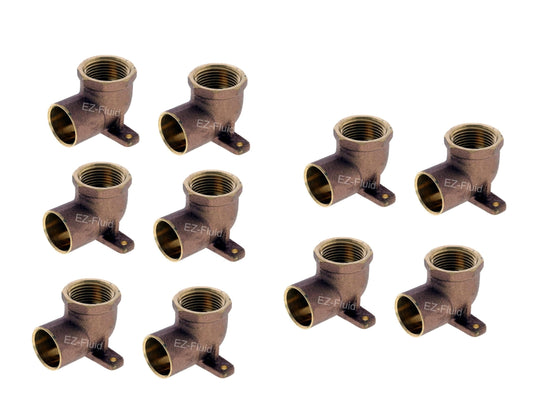 EZ-FLUID(10-pack) 1/2" Nom. Copper Sweat X 1/2" Fip Threaded Drop Ear Elbow Fitting 1/2"C by F, LF Brass Shower Drop Ear 90 Degree Elbow with Sweat Socket and Female Threaded Plumbing Fittings