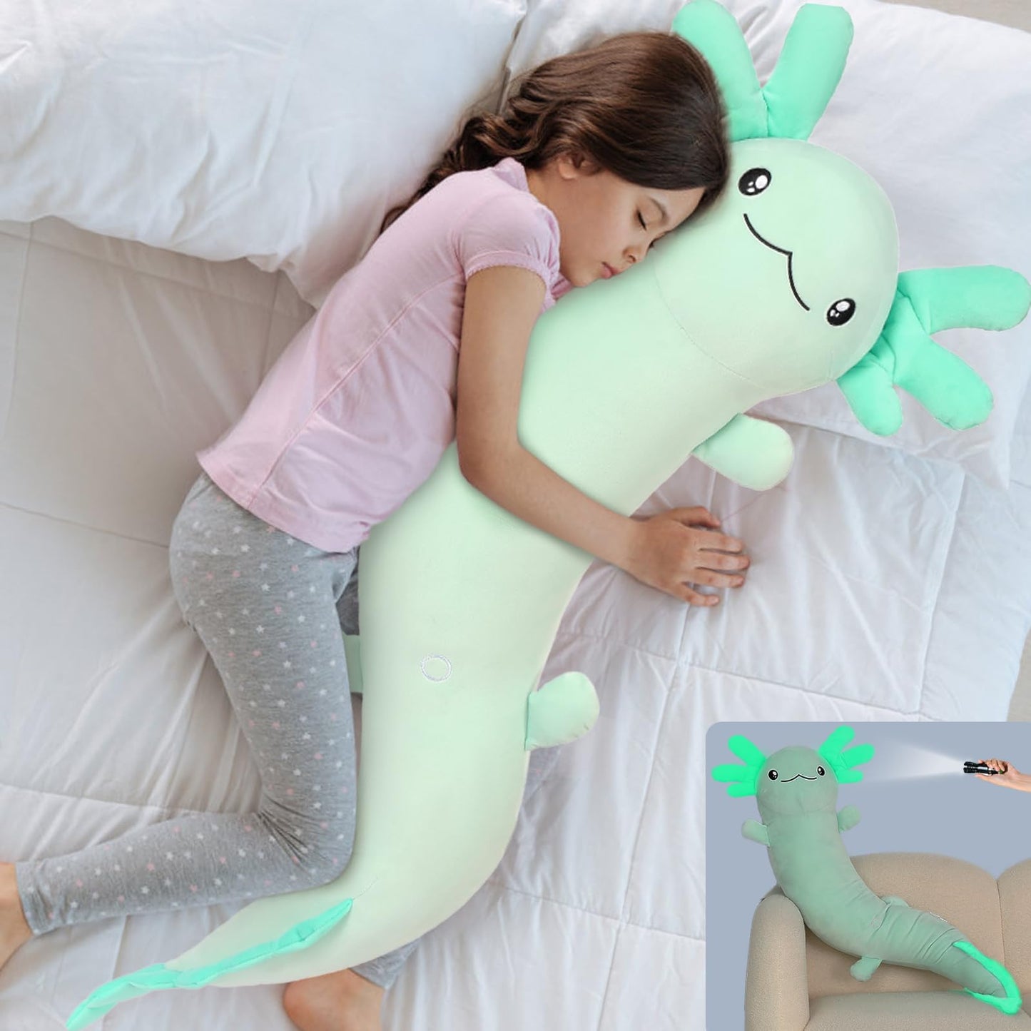 MaoGoLan Giant Axolotl Plush Stuffed Animal,Big Axolotl Plush Pillow Toy,Jumbo Stuffed Axolotl Body Pillow for Kids Adults,Axolotl Plush Glow in The Dark,Holiday Birthday Green