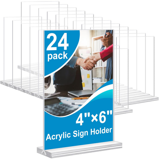 dulvus Acrylic Sign Holder 4x6 Inches 24 Pack, Double Sided Clear Display Stand Table Top Sign Paper Holder, Vertical Menu Flyer Holder, Plastic Sign Frame for Stores, Restaurants, Hotels, Office