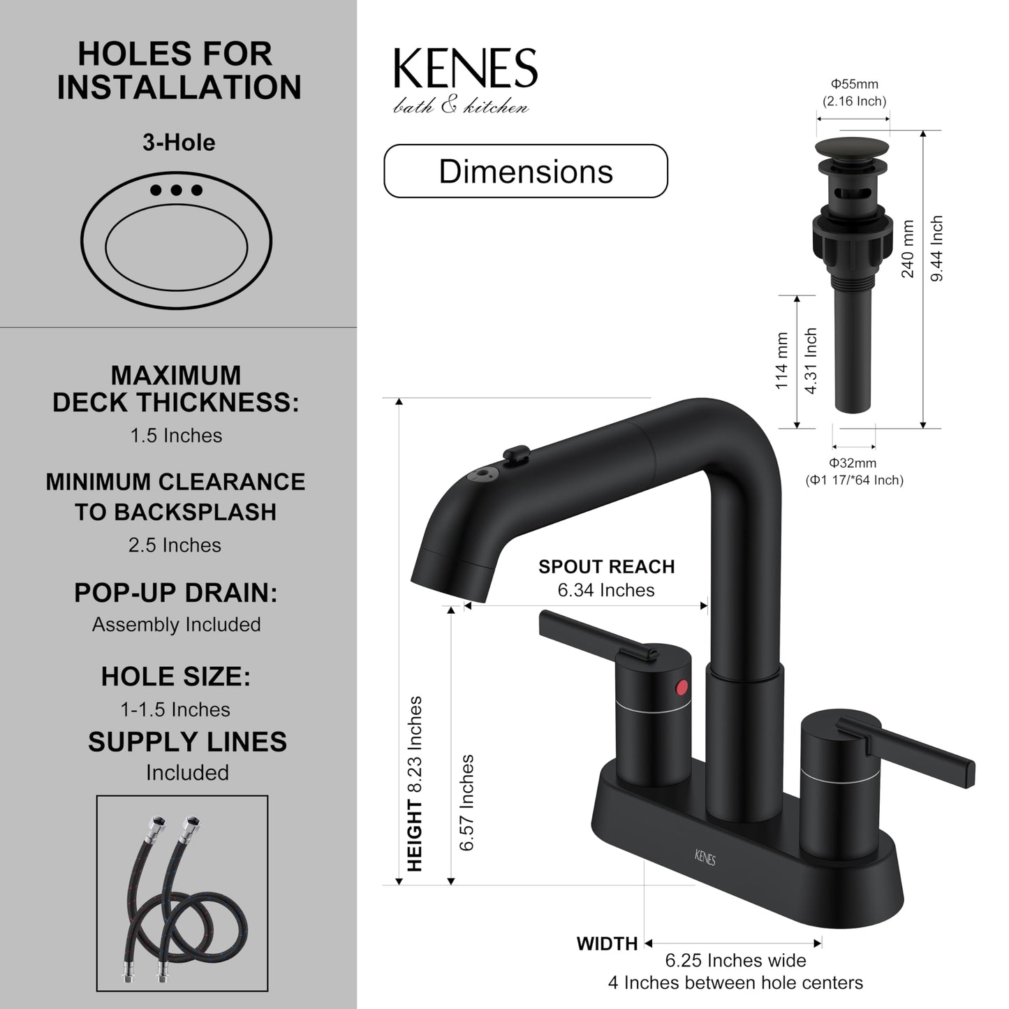 KENES Matte Black Centerset Bathroom Faucet with Pull Down Sprayer, 4 Inch 2 Handle Pull Out Bathroom Faucet 3 Hole, Bathroom Sink Faucet with Pop Up Drain & Supply Lines LJ-9059A-2