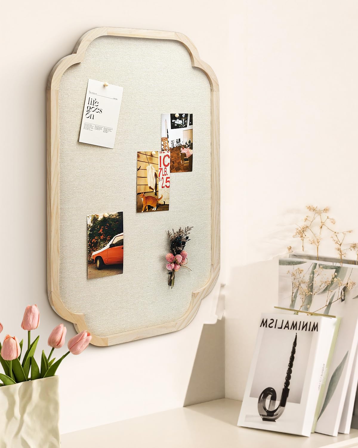 Modern Scalloped Pinboard, 20" x 30" Rustic Fabric Bulletin Board, Natural Wood, Decorative Pin Board for Farmhouse, Home Office & Vision Board Display
