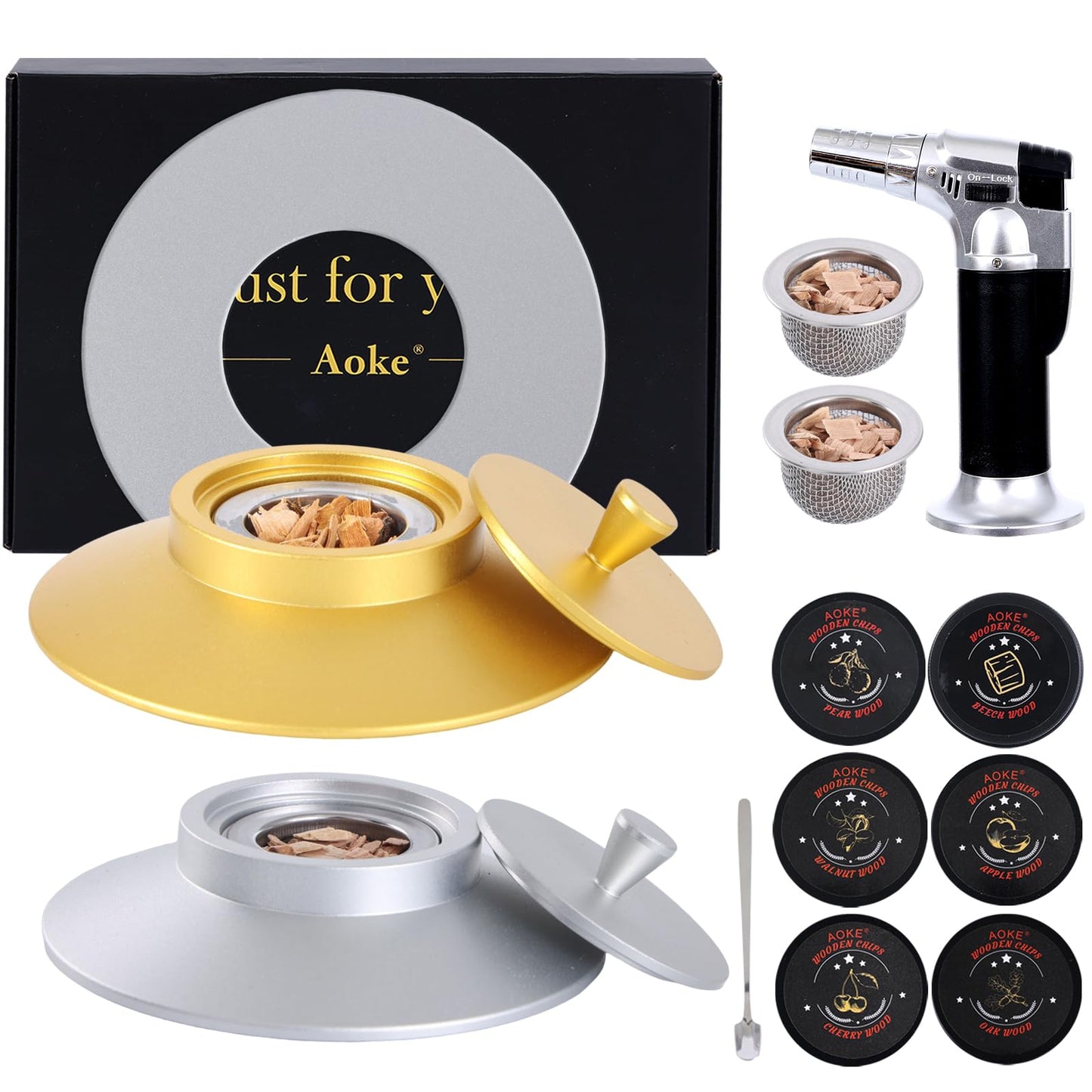 Cocktail Smoker Kit with Torch, 2 Pack Whiskey Smoker Kit Metal Old Fashioned Smoker kit, Birthday Bourbon Whiskey Gifts for Men Dad Husband, 4.7in Expansion Disk, 6 Flavors Wood Chips(No Butane)