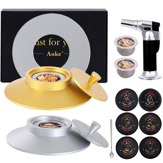 Cocktail Smoker Kit with Torch, 2 Pack Whiskey Smoker Kit Metal Old Fashioned Smoker kit, Birthday Bourbon Whiskey Gifts for Men Dad Husband, 4.7in Expansion Disk, 6 Flavors Wood Chips(No Butane)