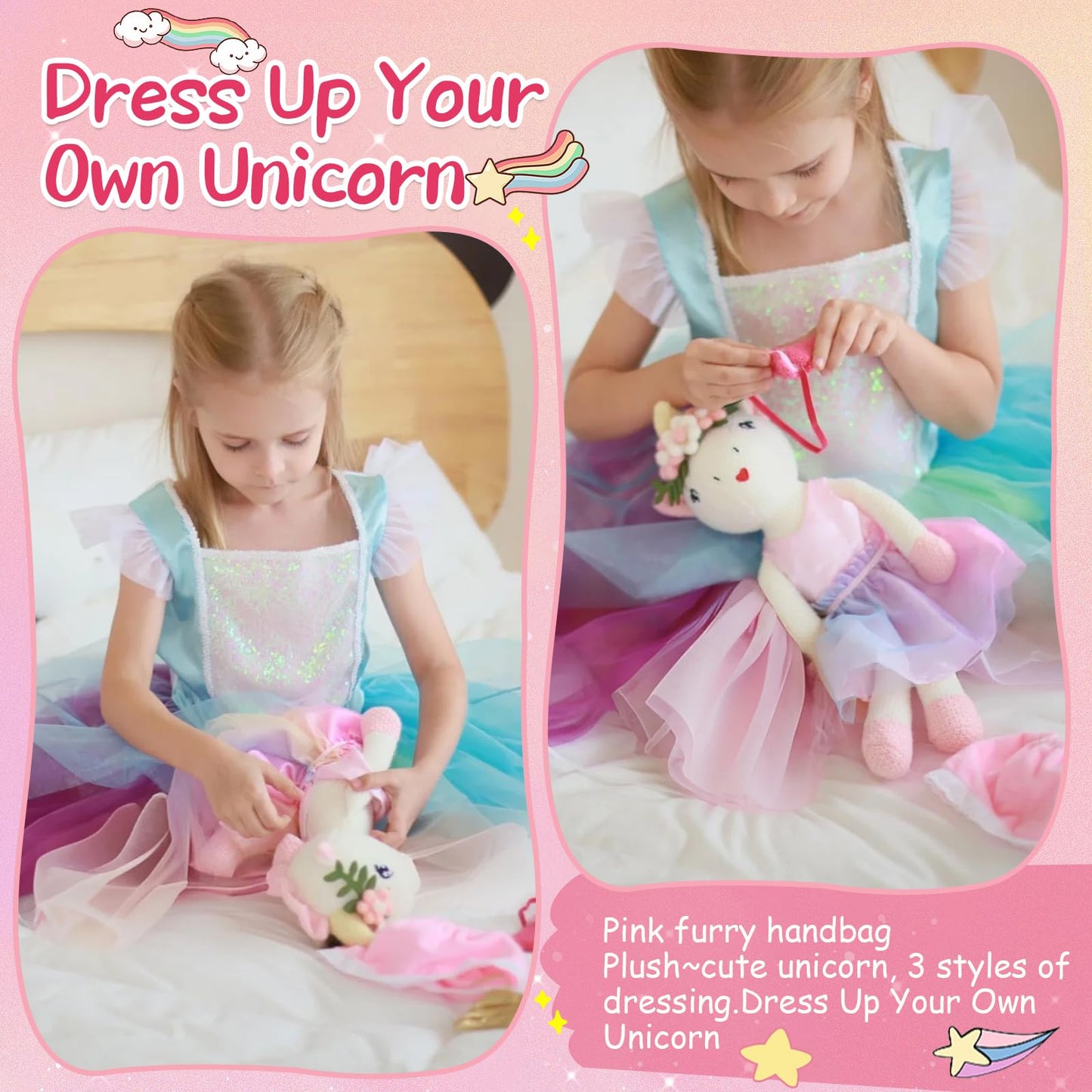 Unicorn Stuffed Animal Furry Bag & Fluffy Dress