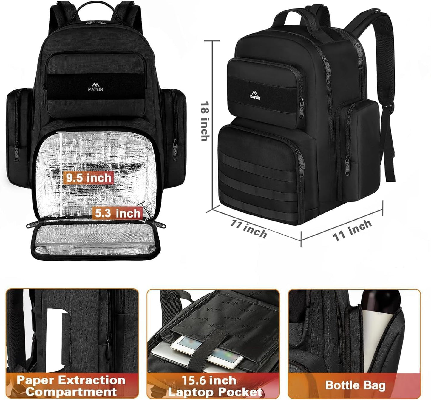 MATEIN Lunch Backpack for Men Work, 15.6 Inch Tactical Backpack with Lunch Compartment, Large Laptop Backpacks with Insulated Cooler Bag for Travel Beach Camping Picnic Hiking, Black