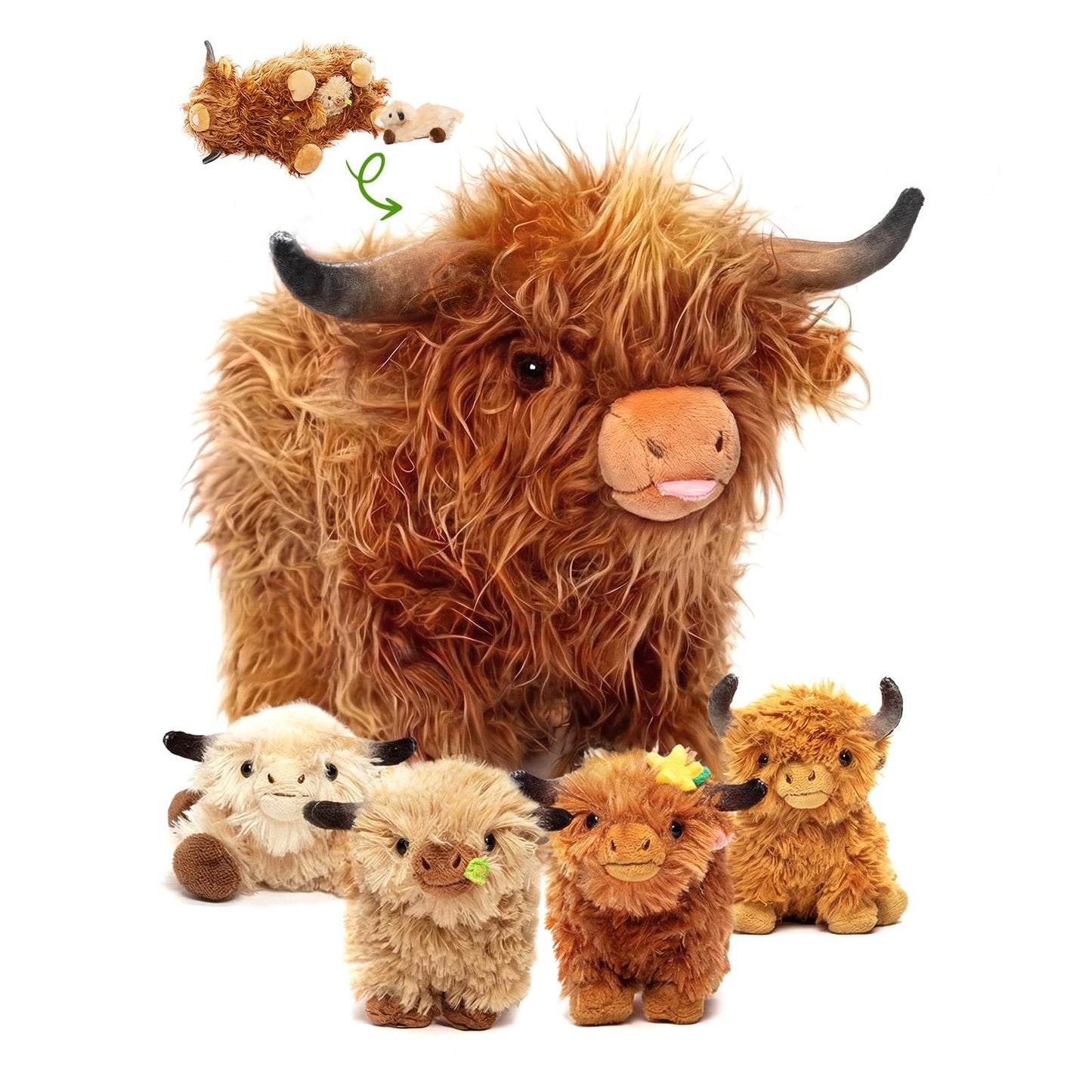 OUOZZZ Highland Cow Stuffed Animal – Large Realistic Fluffy Cow Plush Toy with 4 Baby Calves – Special Furry Material – Travel-Friendly & Portable Gift for Baby Girls, Boys, Toddlers & Kids 14.5"