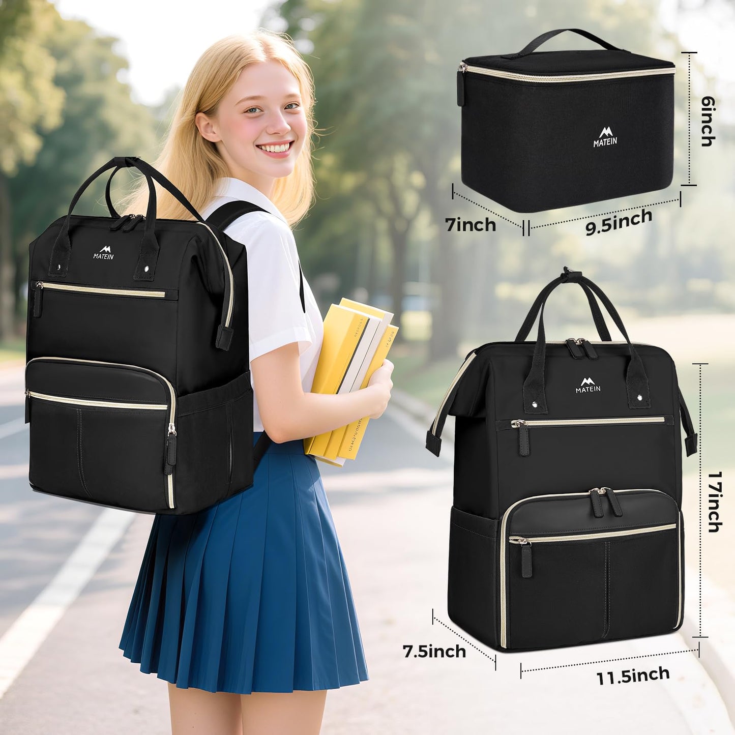 MATEIN Lunch Backpack, 17.3 Inch Laptop Backpack with Lunch Box, Stylish Nurse, Teacher Work Backpacks with Insulated Compartment, Meal Prep Bag for Women Men Commute Outdoor Picnic Camping, 2Pcs Set