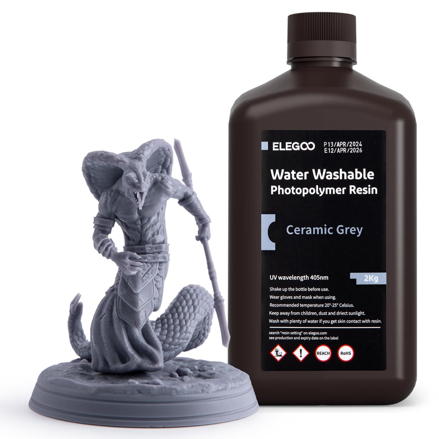 ELEGOO Water Washable 3D Printer Resin 2000g, Precise Printing Liquid Photopolymer Resin, Low Shrinkage 405nm Curing Resin for LCD 3D Printer, Grey