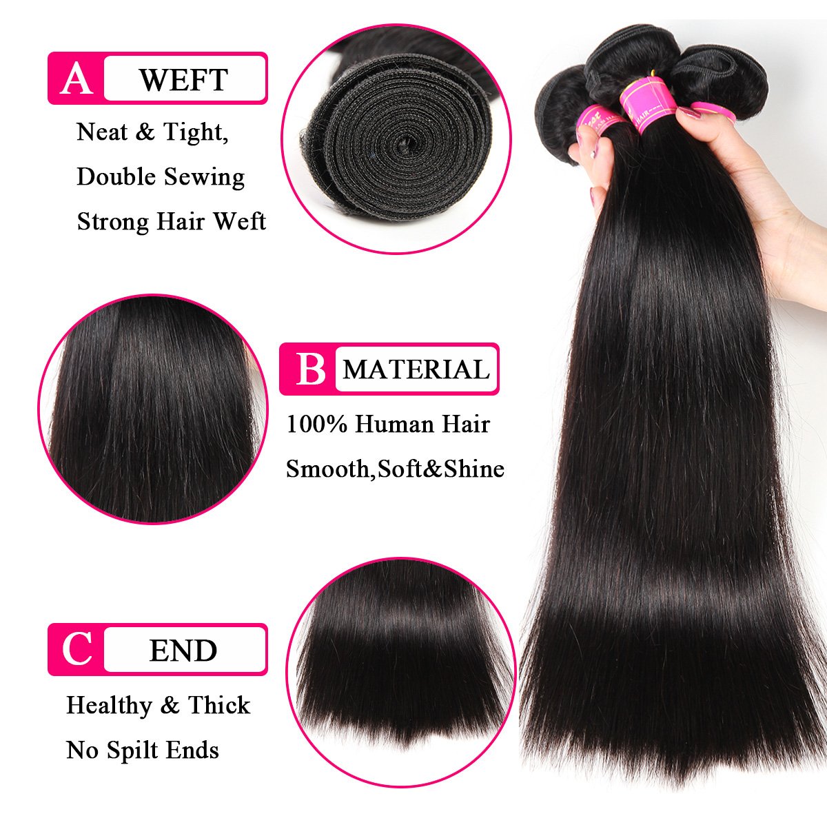 QinMei Brazilian Hair Straight Bundles 10A Grade 10 12 14 inches 100% Unprocessed Virgin Straight Human Hair 3 Bundles Weave Extensions Natural Color