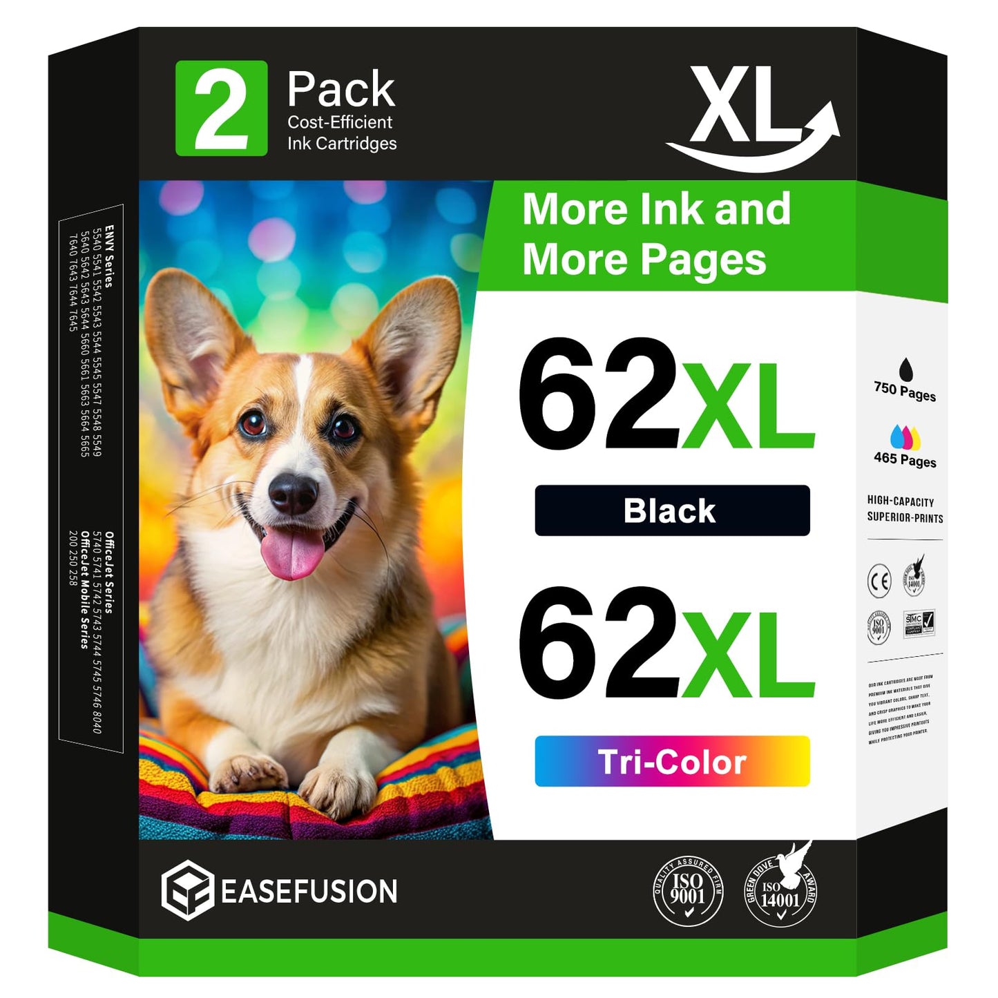 EaseFusion 62XL Replacement for HP Ink 62 62XL Ink Cartridge Combo Pack Black and Color High Yield for HP Envy 7640 5660 5540 7645 5740 5746 OfficeJet 250 200 Mobile Printer Ink Cartridges