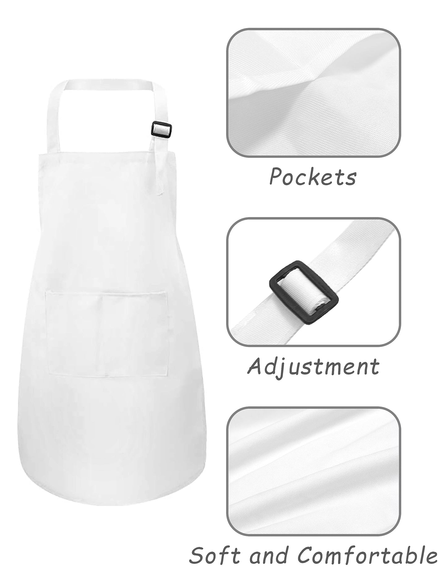 IAGBIBUI Kids Apron and Chef Hat Set, 24 Pieces Boys Girls Kids Apron with 2 Pockets Adjustable for Cooking Classroom Baking Painting, 6-13 Years, White