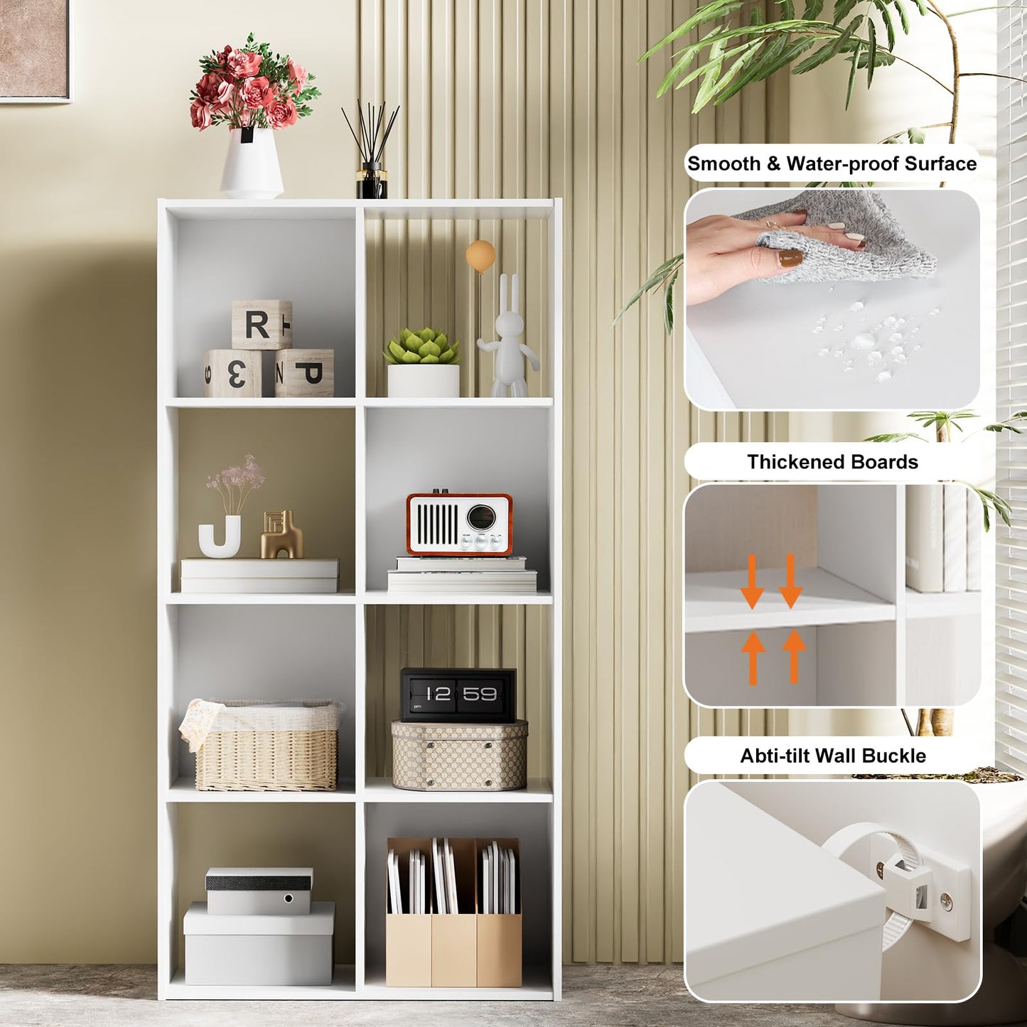 Sweetcrispy 8 Cube Storage Organizer - Open Cube Bookshelf with 4 Removable Back Panels, Display Storage Bookcase for Living Room, Bedroom, Entrance Hall, Home Office, 47.7" Lx11.6 Wx24 H, White