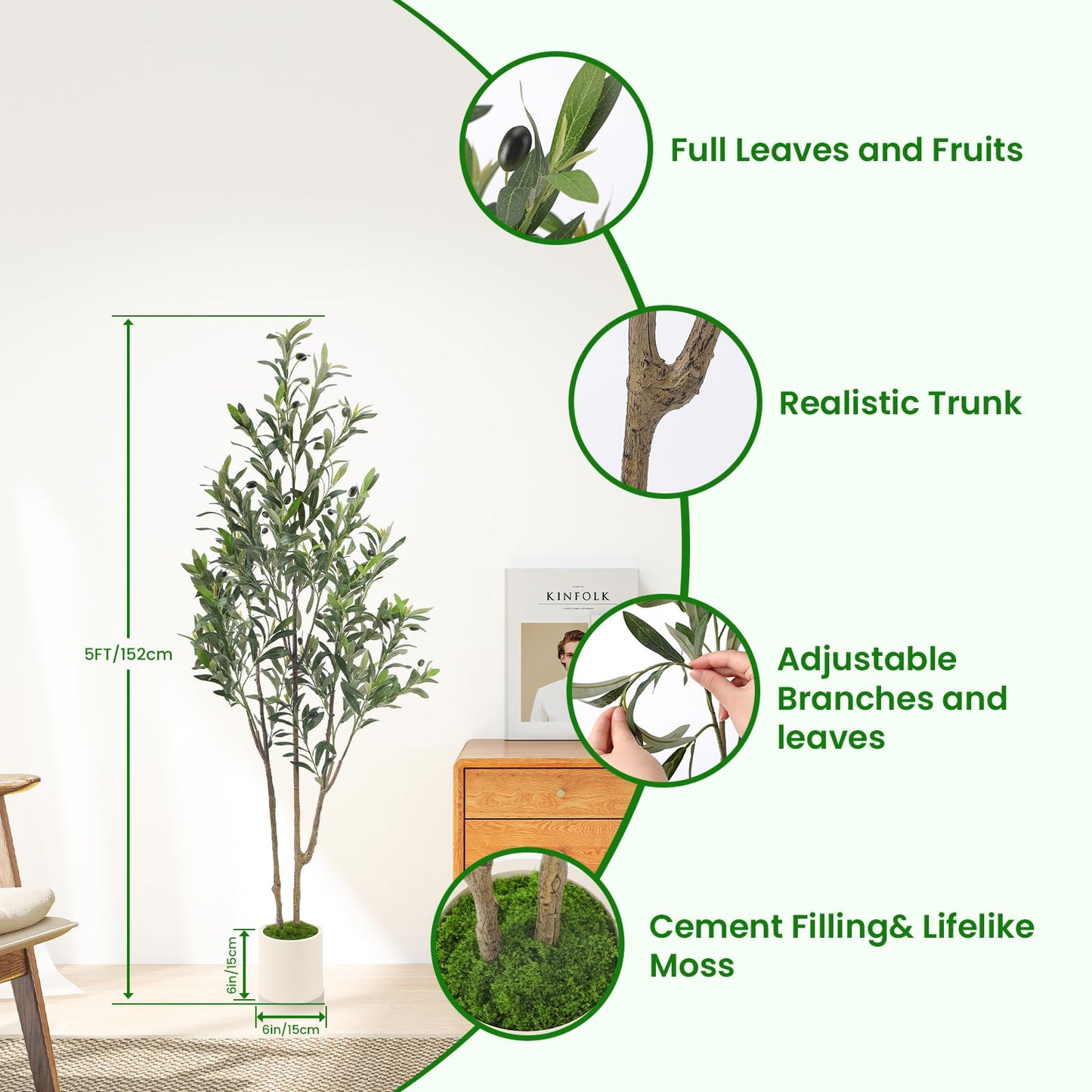 Alupssuc 5ft Olive Trees Artificial Indoor & Outdoor, Faux Olive Tree with Lively Artificial Trunk and Lifelike Fruits, Fake Potted Tree for Modern Home Office Living Room Decor