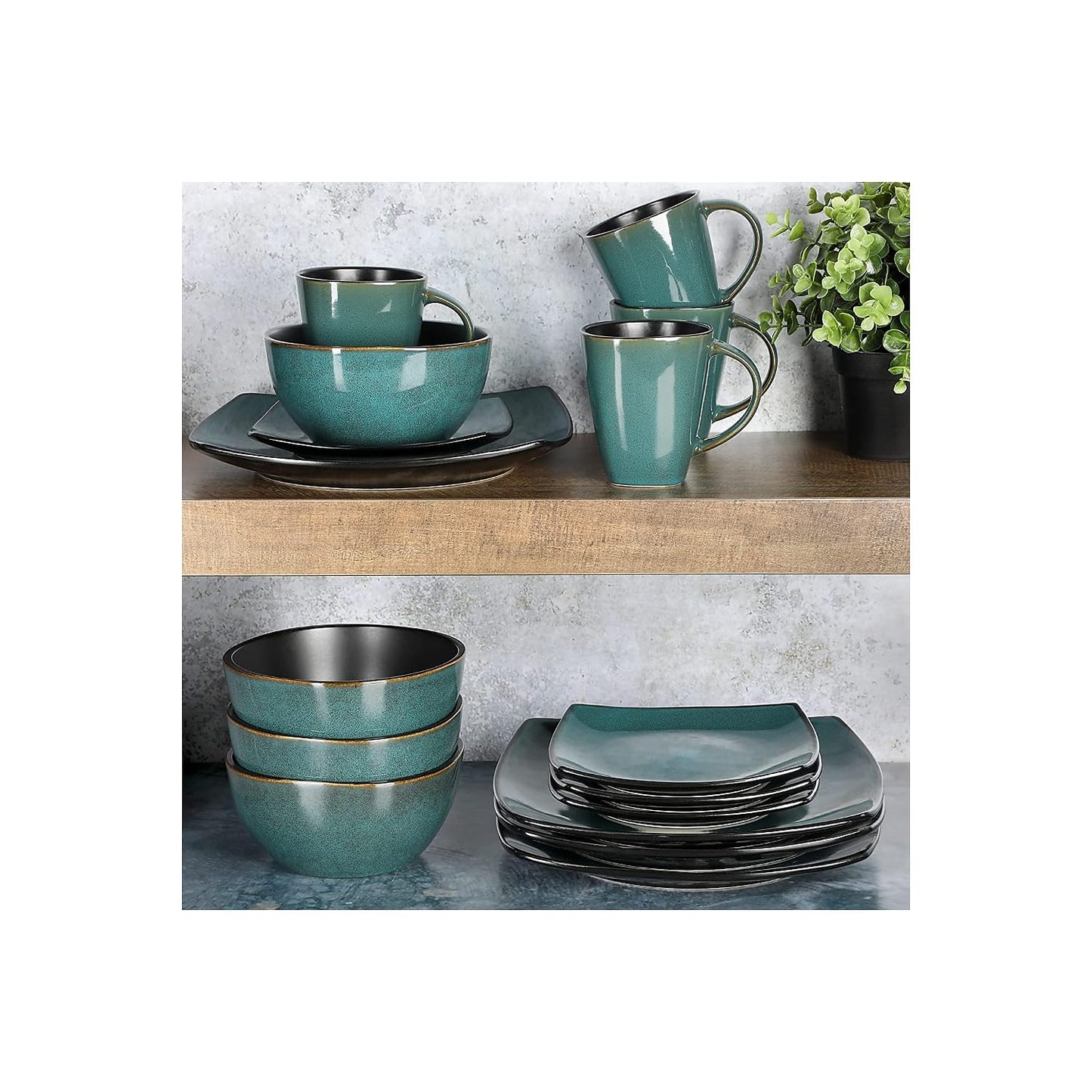 Gibson Elite Soho Lounge 16 Piece Reactive Glaze Dinnerware Set, Soft Square, Teal Green, Service for 4 (16pc)