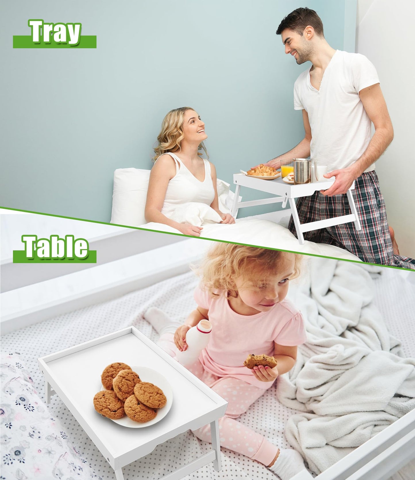 Youpehom Bed Tray Table with Folding Legs, Bamboo Breakfast in Bed for Kitchen Serving Tray, Sofa, Eating, Used As Laptop Desk Snack Tray (4 Pack, White Color)