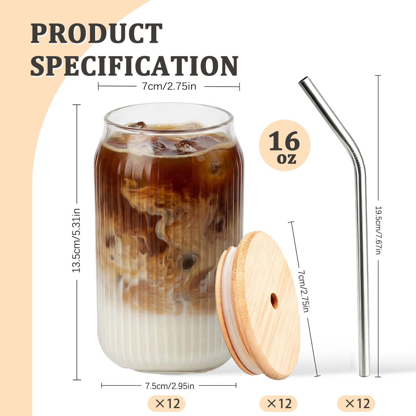 12 Packs Ribbed Glass Tumbler with Lid and Straw 16 oz Cute Ice Coffee Cup Set Bulk Vasos de Vidrio Con Tazas Para Cafe Cocina Accesorios Home Bar Accessories New Home House Warming Gift Kitchen Stuff
