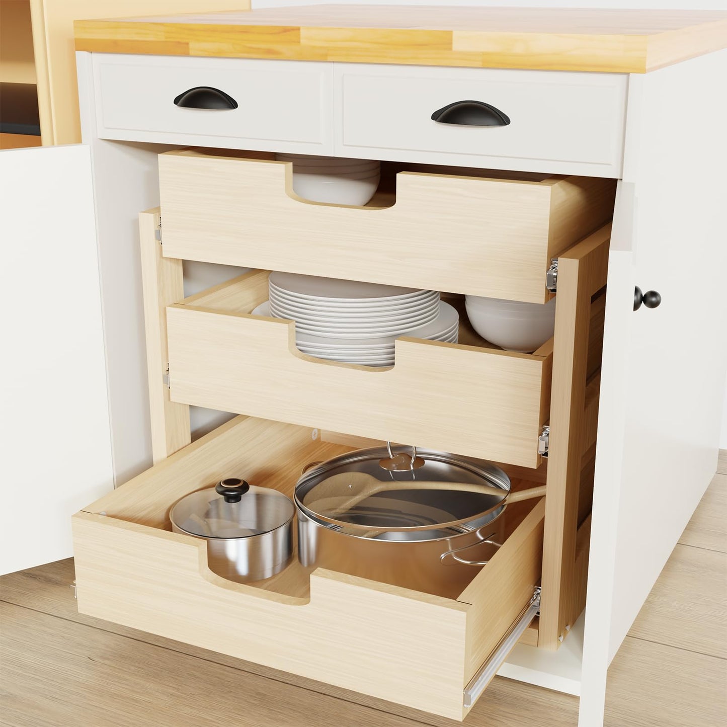 Pull Out Cabinet Organizer, 14''W×21''D×19''H Soft Close Slide Out Wooden Pull out Drawers, Three Tier Slide out Wood Cabinet Organizer, for Base Cabinet Organization in Kitchen, Pantry, Bathroom