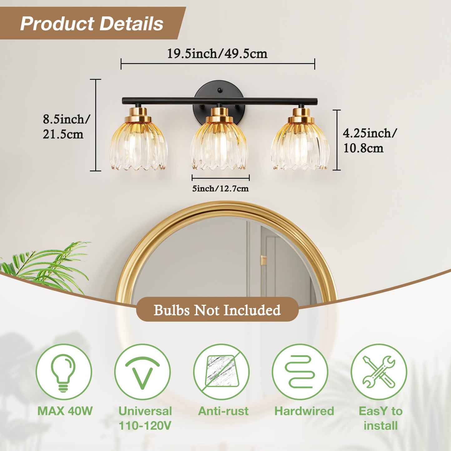 TALOYA Bathroom Vanity Light Fixtures, 3-Light Modern Black and Gold Wall Lights Over Mirror with Gradient Amber Tulip Glass Shades Bathroom Wall Lamp for Mirror, Living Room,Hallway, Farmhouse