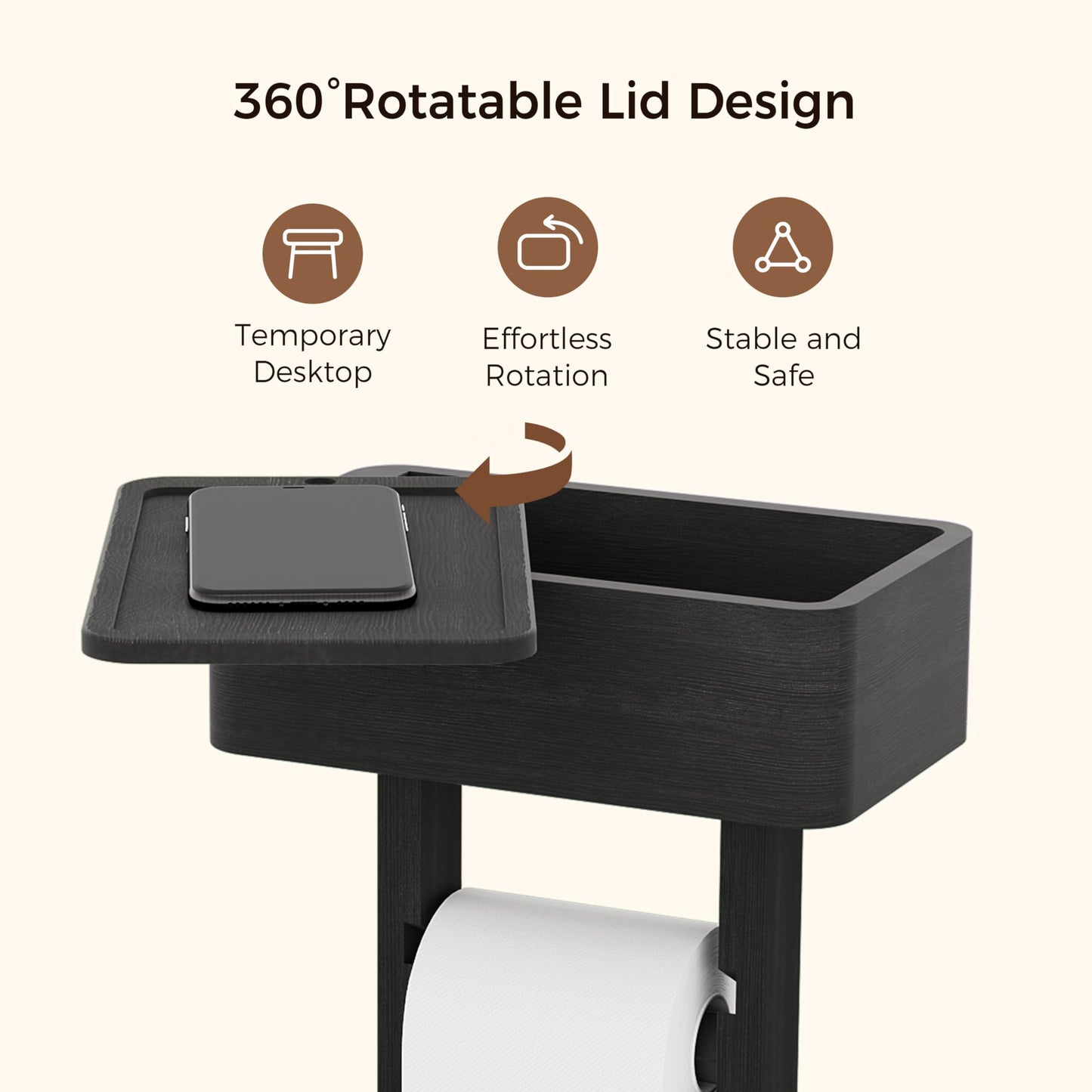 Wealone 4-in-1 Black Toilet Paper Holder Stand with Storage Shelf Box, 360° Rotating Bamboo Free Standing Toilet Tissue Roll, Toilet Wipes Dispenser Organizer, Temporary Desktop for Bathroom (Patent)