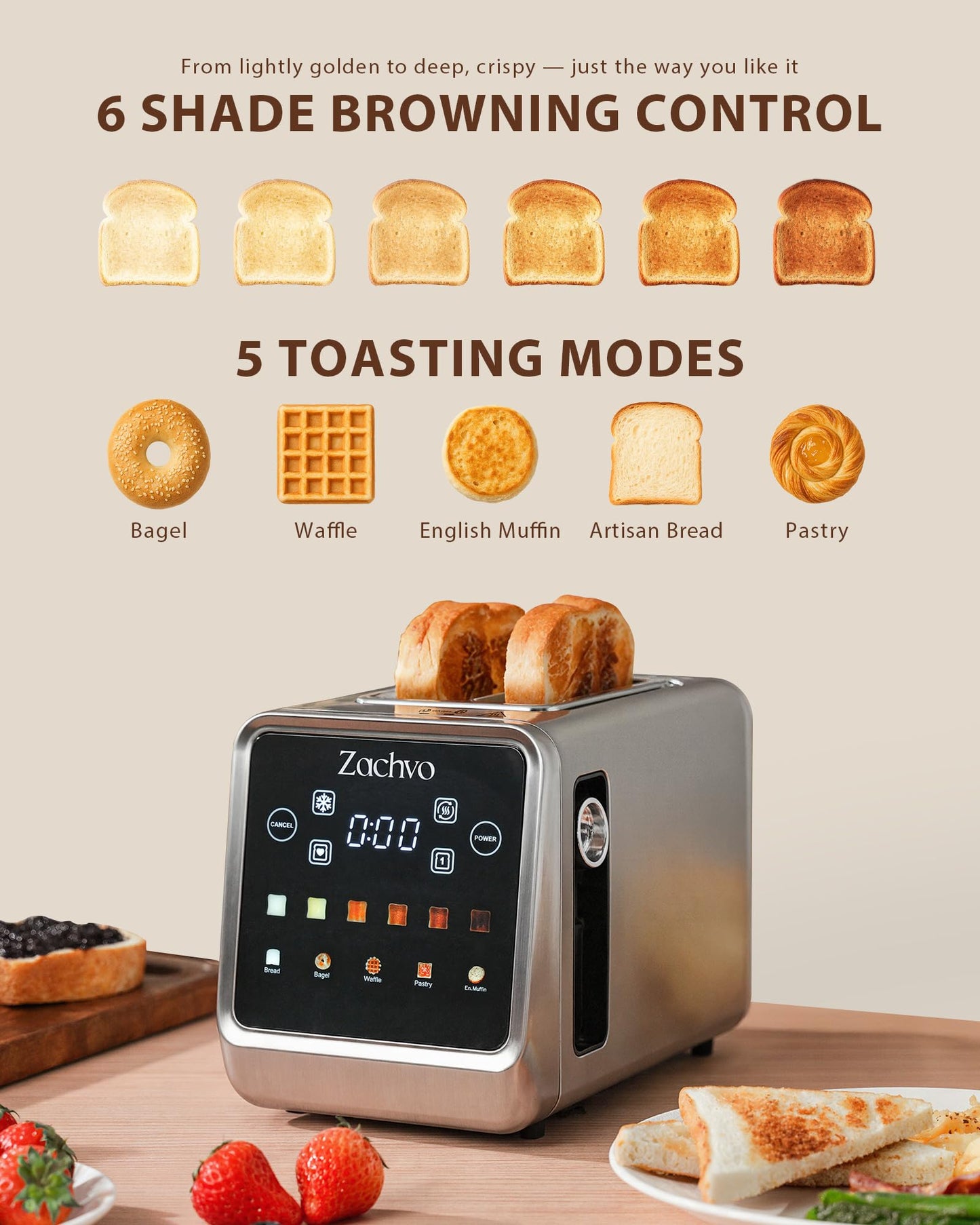 Zachvo 2 Slice Toaster with Smart Touchscreen & Digital Countdown Timer, 1.5" Wide Slot Toaster for Bagels & Bread, 6 Shade Settings, Memory, Defrost & Reheat, Slim Stainless Steel Design for Kitchen