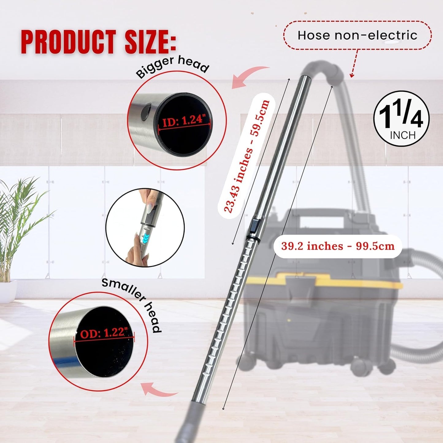 1.25 Inch Stainless Steel Vacuum Extension Wand Compatible with Vacuums using 1 1/4 Inch (1.25in) 32mm Accessories - 1 1/4 Vacuum Extension Tube for Shop Vac (Extension Wand and Hard Floor Brush)
