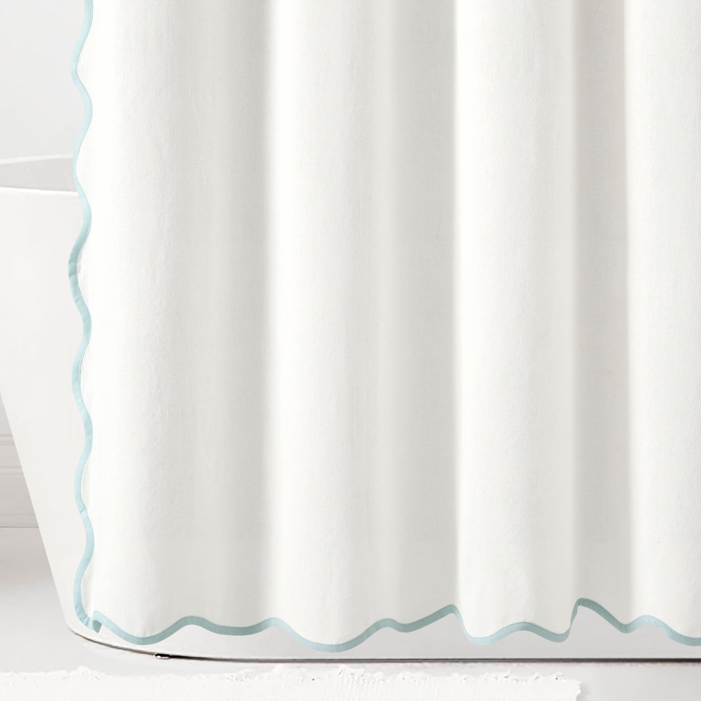 Lush Decor Coastal Chic Scallop Edge Linen-Textured Shower Curtain, Single 72" W x 72" L, Blue & White - Scalloped Shower Curtains - Coastal Bathroom Curtain