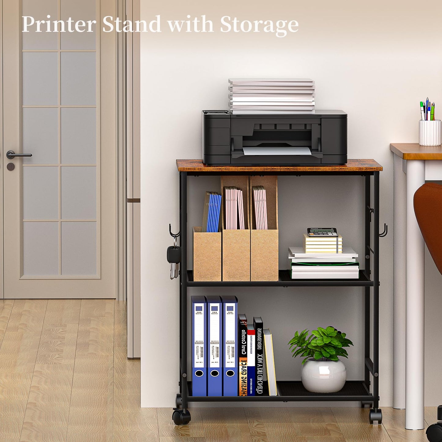 ThreeHio Printer Stand, 3Tier Printer Table with Wheels, Printer Cart with Storage Shelf, Printer Desk for Home Office Fax Machine Scanner, Rolling Cart for Kitchen, Laundry, Balcony, Living Room