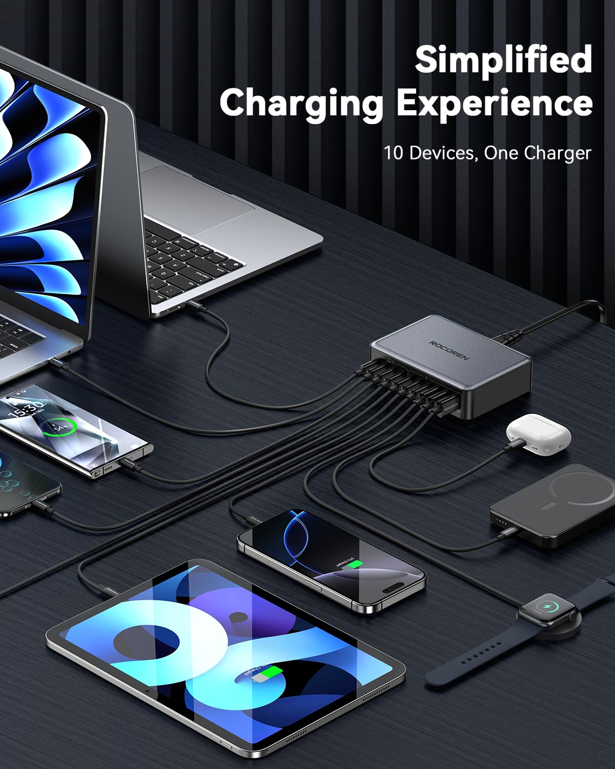 480W USB C Charger Block, Rocoren 10-Ports USB C Charging Station for Multiple Devices,PD 100W Gan Fast Charger Station Desktop Multi USBC Charging Hub Dock for Laptop MacBook,HP,iPad,iPhone,Samsung