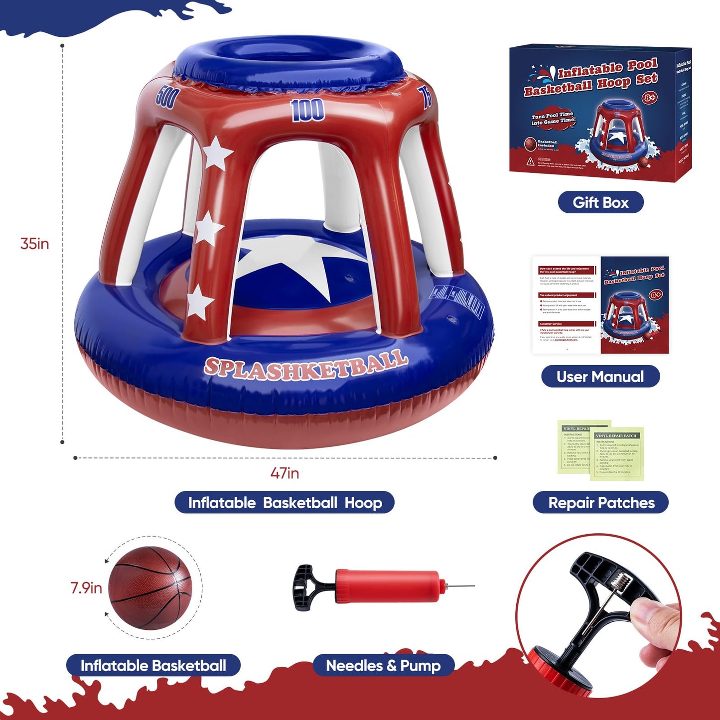 47" Swimming Pool Basketball Hoop Set - [2025] Thicker Inflatable Water Basketball Hoop with Ball, Fun Pool Games &Toys for Kids, Teens, Adults and Family