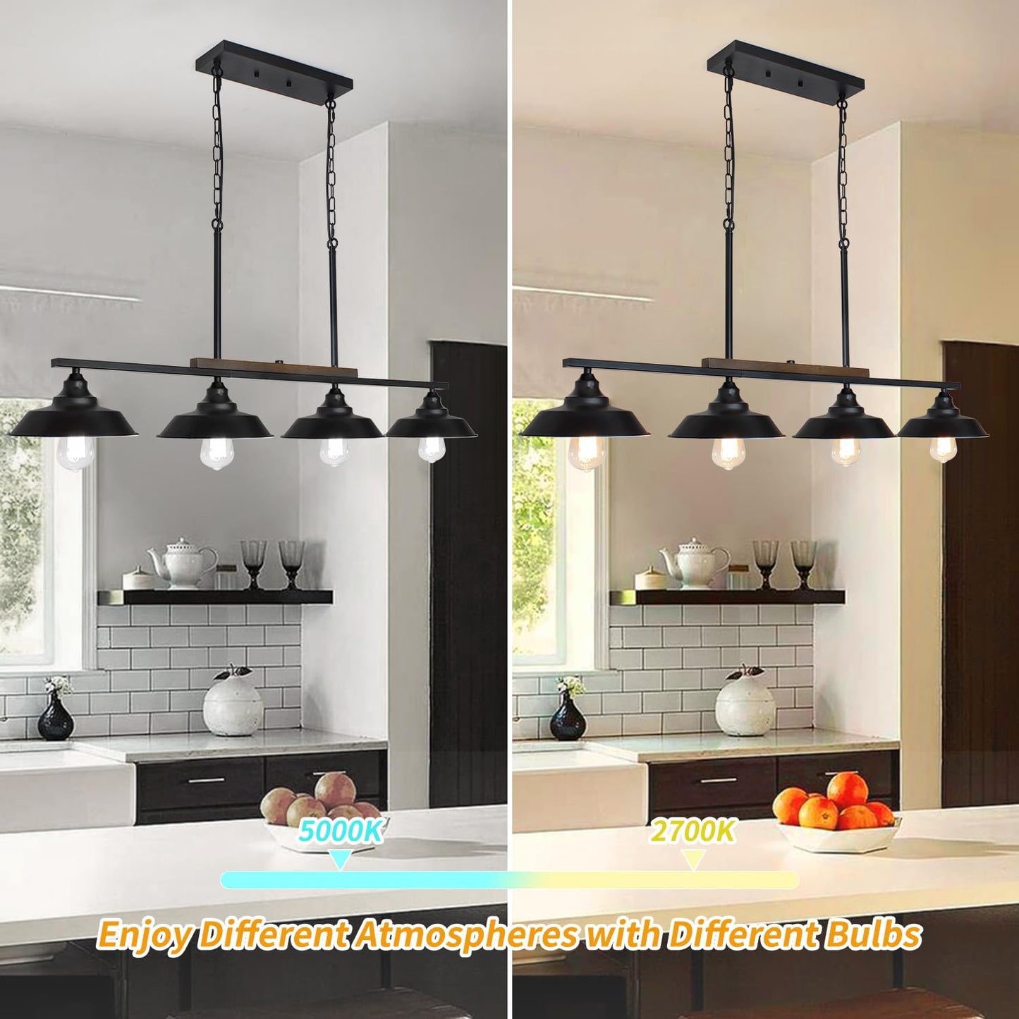 PUZHI HOME Kitchen Island Light, 4 Lights Black Pendant Dining Room Light Fixture Farmhouse Chandeliers for Dining Room Over Table Metal Hanging Lamp for Kitchen Island Hallway Pool Table