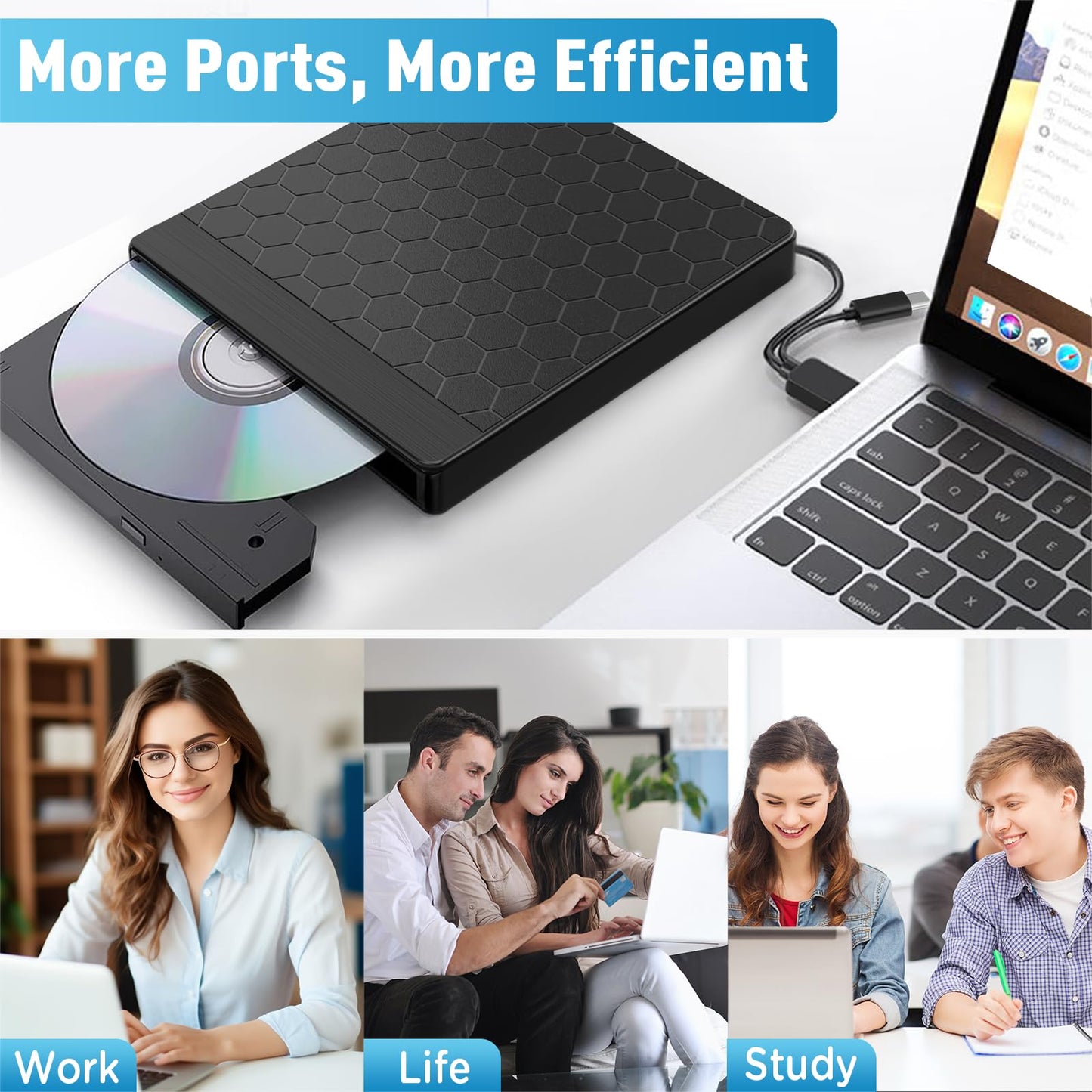 Aumdie External CD/DVD Drive for Laptop, USB 3.0 CD Burner with 2 USB Ports and 2 TF/SD Card Slots, DVD Player for Laptop, Mac, PC, Windows 11/10/8.1/7