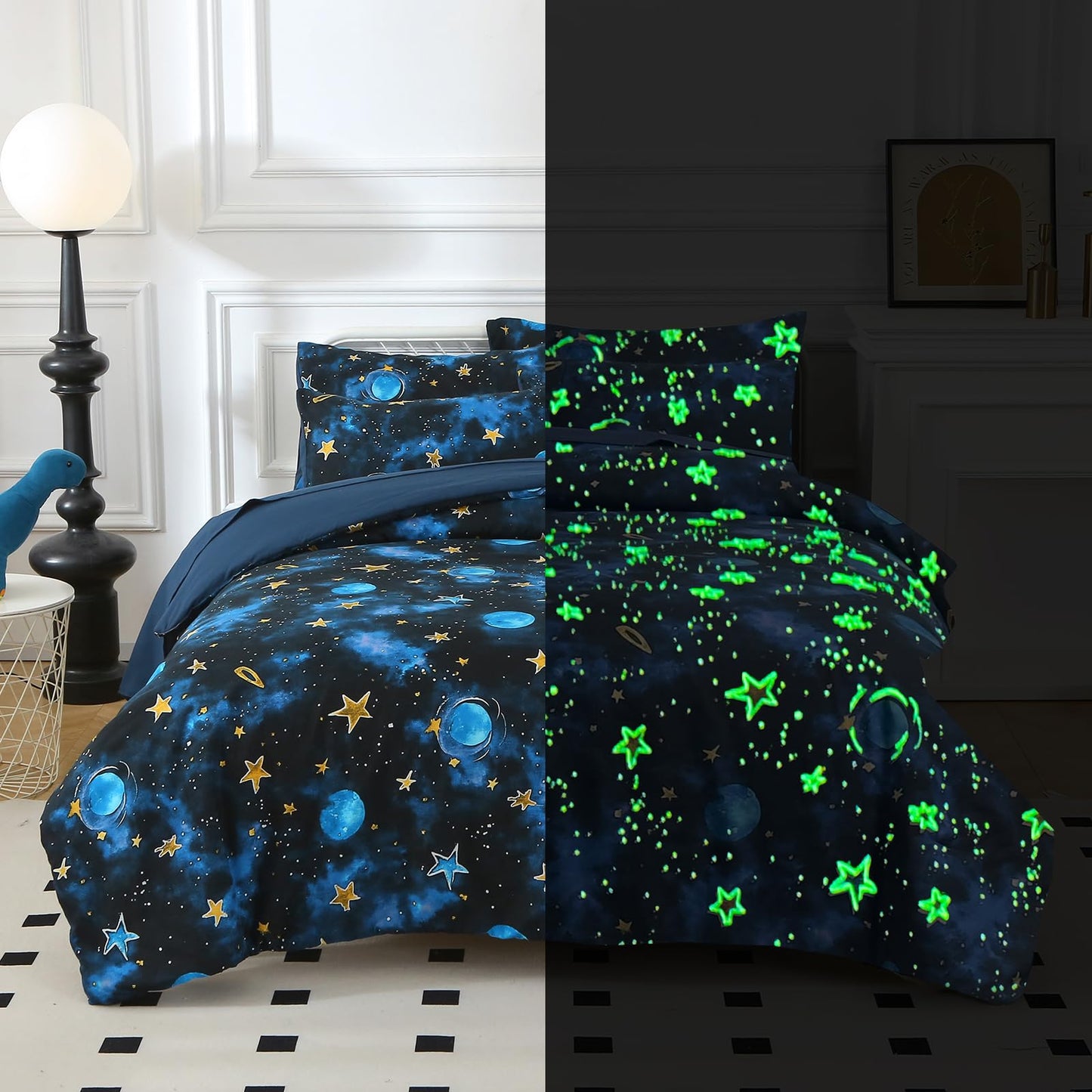Aqzuxira Glow in The Dark Kids Comforter Set, 5 Pieces Blue Space Bedding Set Twin Size for Boys Girls Teen, 1 Comforter, 1 Pillowcase, 1 Pillow Sham, 1 Flat Sheet, 1 Fitted Sheet