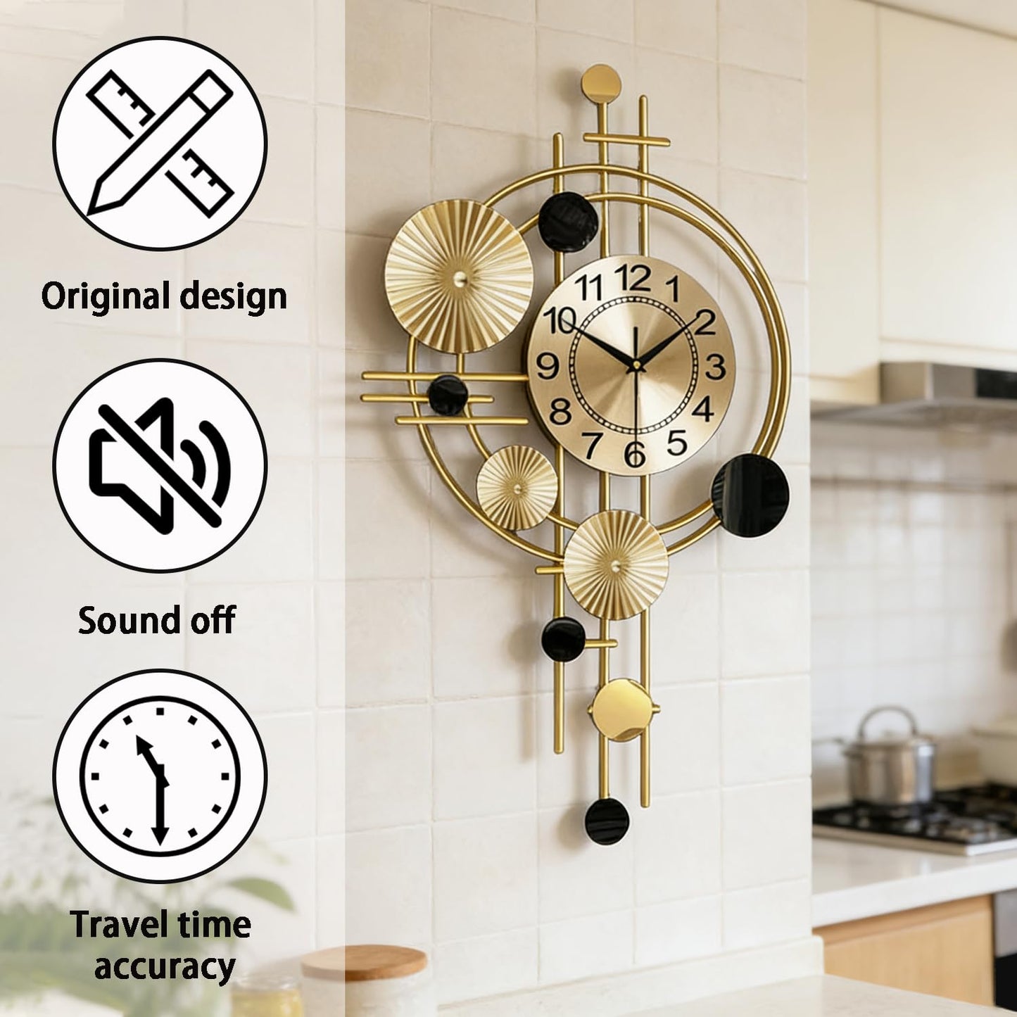 Gilacco Large Wall Clocks for Living Room,Silent Non Ticking,Battery Operated Oversized Round Modern Wall Clock for Bedroom,Farmhouse,Office Wall Decor-17.8x30.7Inch(Golden)
