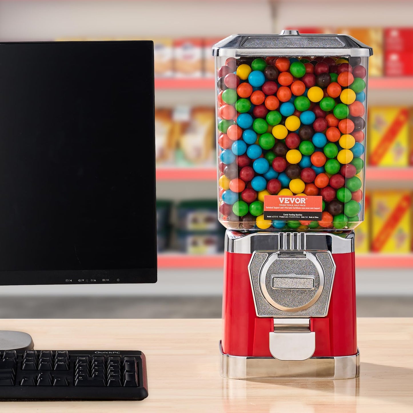 VEVOR Gumball Machine for Kids, 17"H Home Candy Vending Machine, PC Gumball Dispenser, Bubble Gum Machine for Game Stores, Coin Operated Gumball Bank for Toy Capsules Bouncy Balls Candy, Red