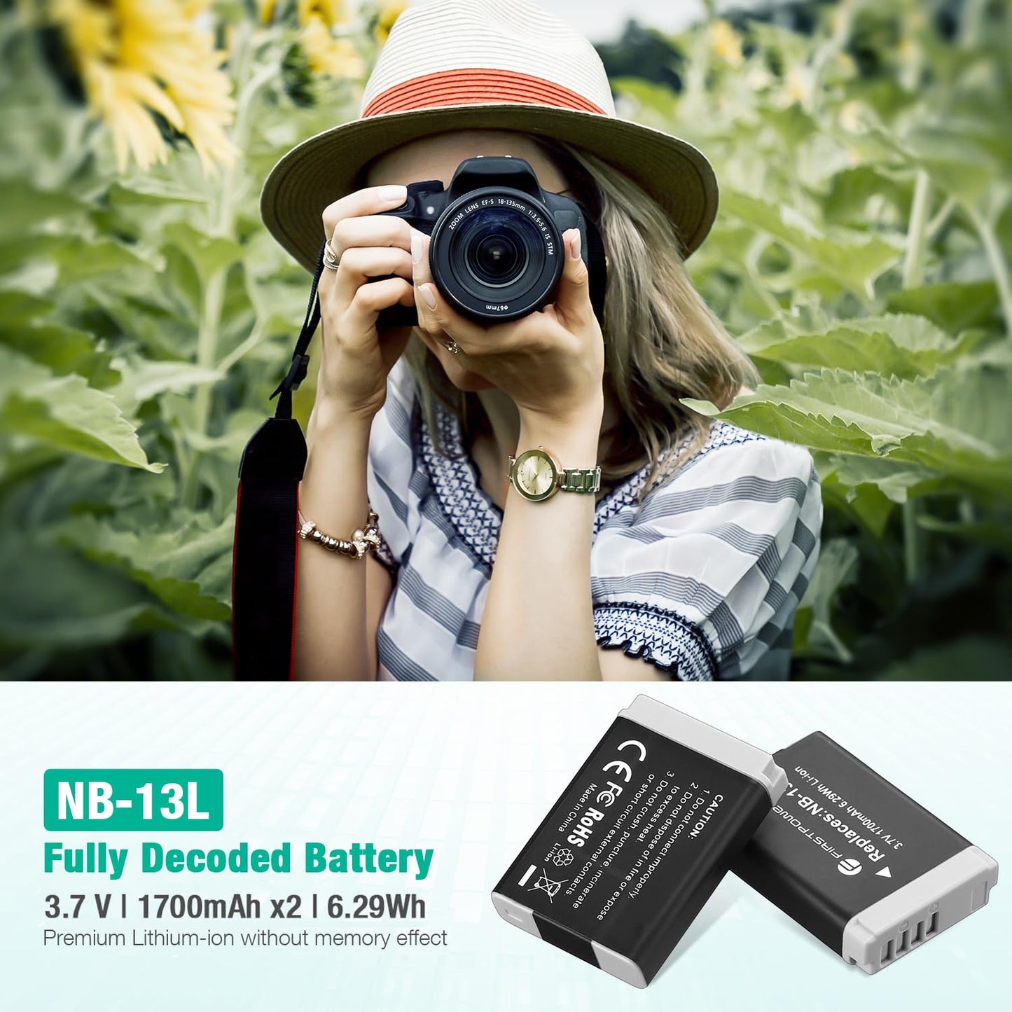 FirstPower 2-Pack NB-13L Battery and Dual USB Charger Compatible with Canon PowerShot G7 X Mark II, G7 X, G1 X Mark III, G5 X, G5X Mark II, G9 X, G9 X Mark II, SX620 HS, SX720 HS, SX730 HS, SX740 HS