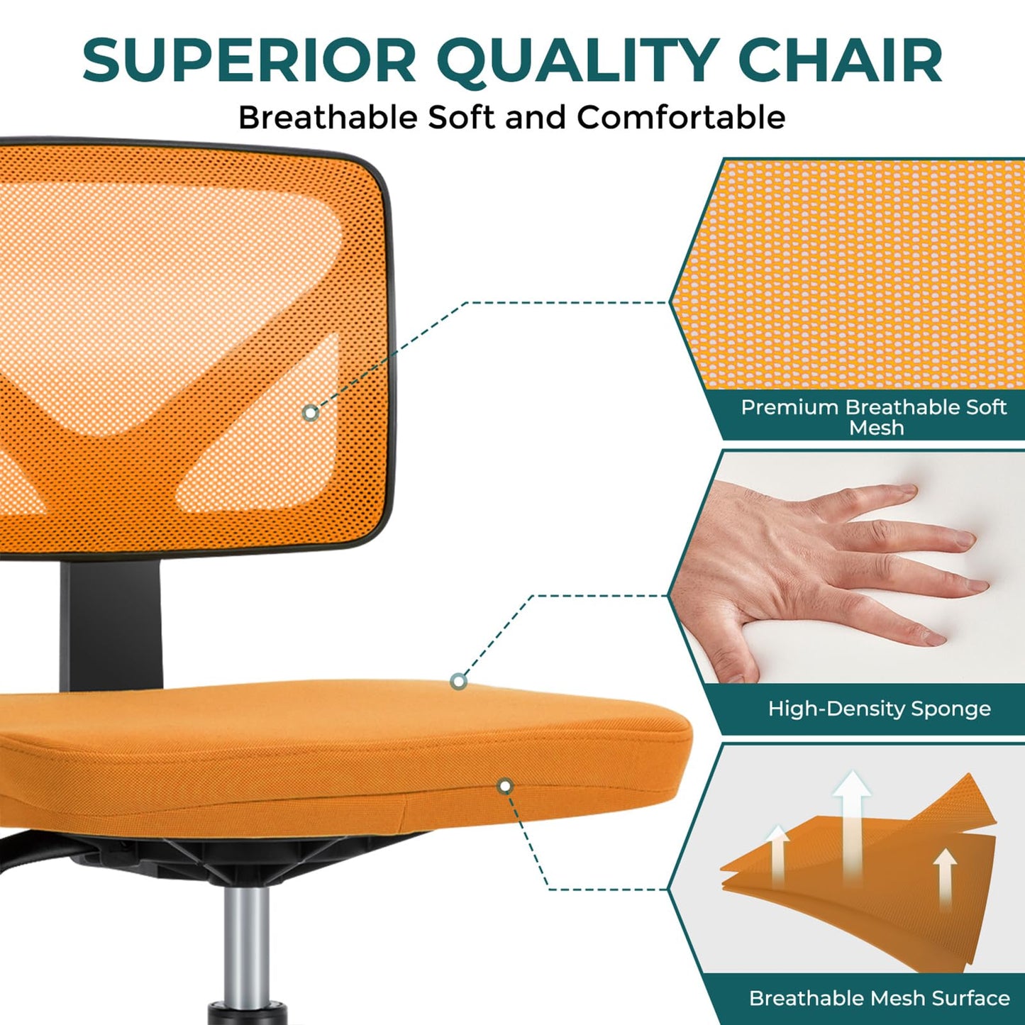 DUMOS Armless Office Chairs with Wheels, Ergonomic Adjustable Home Desk Swivel Rolling Task Chair No Arms, Comfy Mesh Mid Back Computer Work Vanity Desk Chairs for Small Spaces, Orange