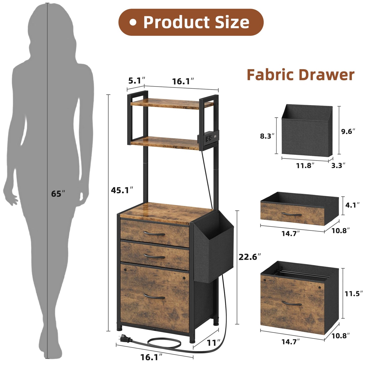 HIGDBFE 3 Drawer File Cabinet with Charging Station, 45''H, 3-Tier Small Filing Cabinet for Home Office, 11''*16'' for Small Printer, Fabric Drawer Fits Letter/A4, Tall Printer Stand, Rustic Brown