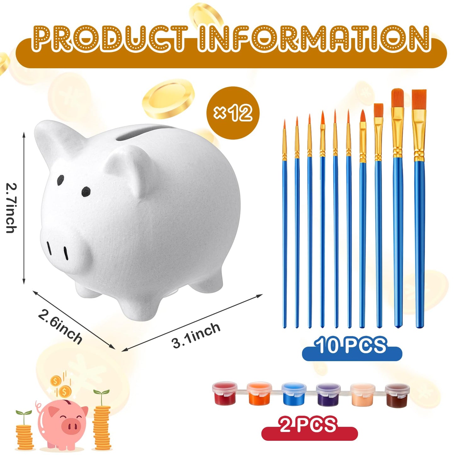 Skybooly 12 Pcs DIY Ceramic Piggy Banks - White, Compact Coin Bank for Boys & Girls Aged 8+, Unisex - Includes 2 Paint Strips & 10 Brushes