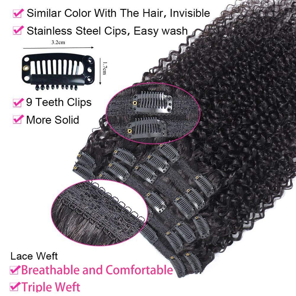 Kinky Curly Clip In Hair Extensions for Black Women Human Hair, Urbeauty 16 inch Curly Clip in Human Hair Extensions, 3C Afro Coily Hair Clip Ins for African American Black Women