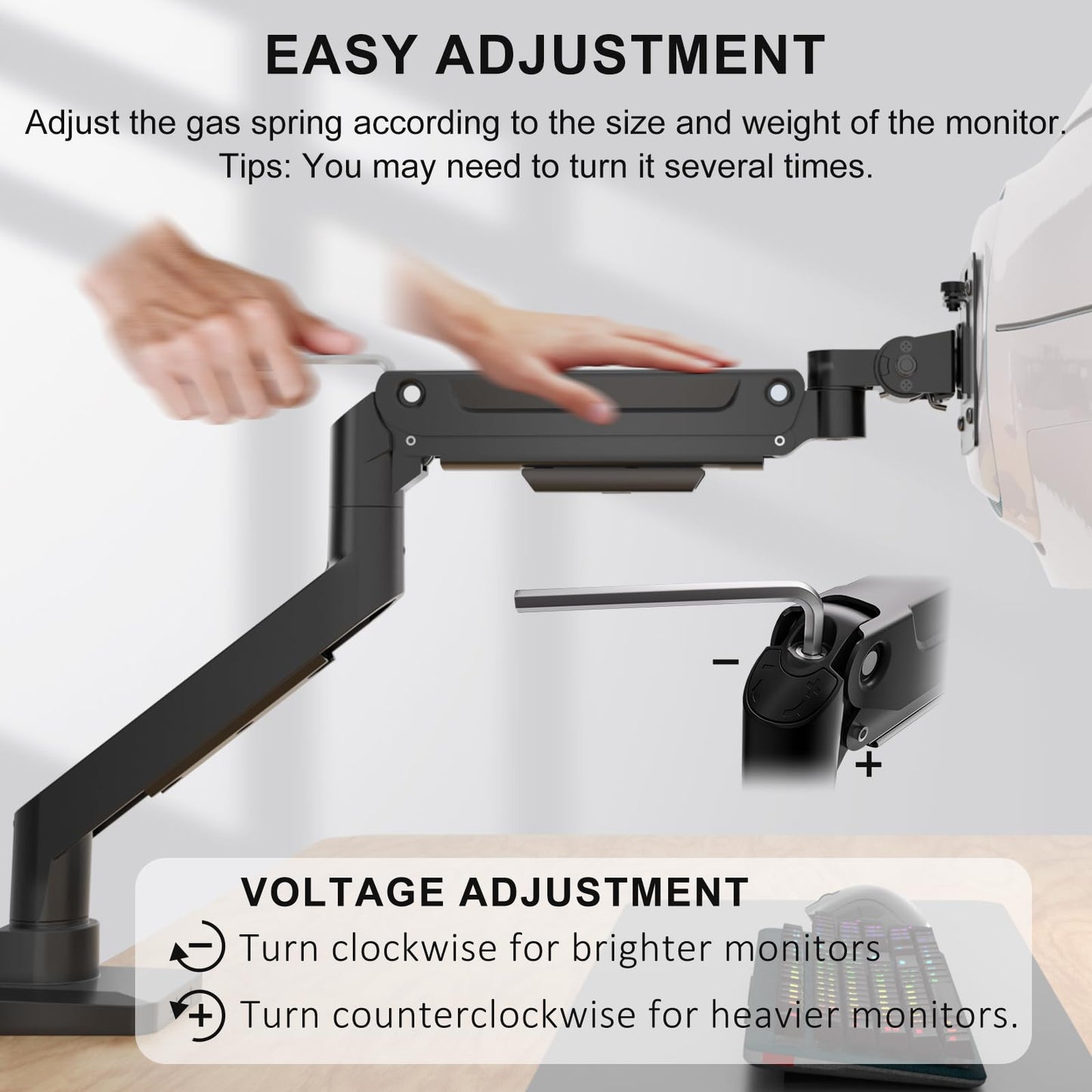 WALI Ultrawide Monitor Arm for 17-49 Inch Heavy Duty Curved Screens, Holds up to 44 Lbs, Adjustable Gas Spring Single Monitor Desk Mount with C-Clamp, Grommet Base, 75/100mm VESA, (GSM001XL), Black