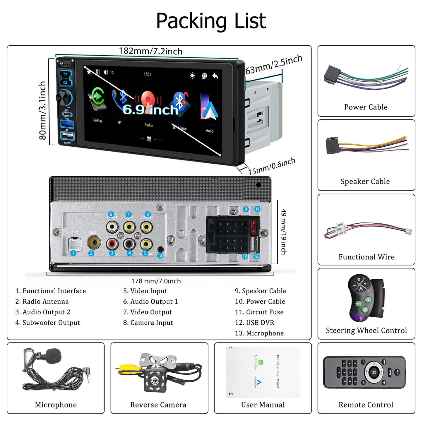 Single Din Car Stereo with Wireless Apple Carplay & Android Auto, 6.9" IPS Touchscreen Radio Bluetooth 5.2, Physical Knob Control, Waterproof Backup Camera, FM, MirrorLink, USB/Type-C, Navigation