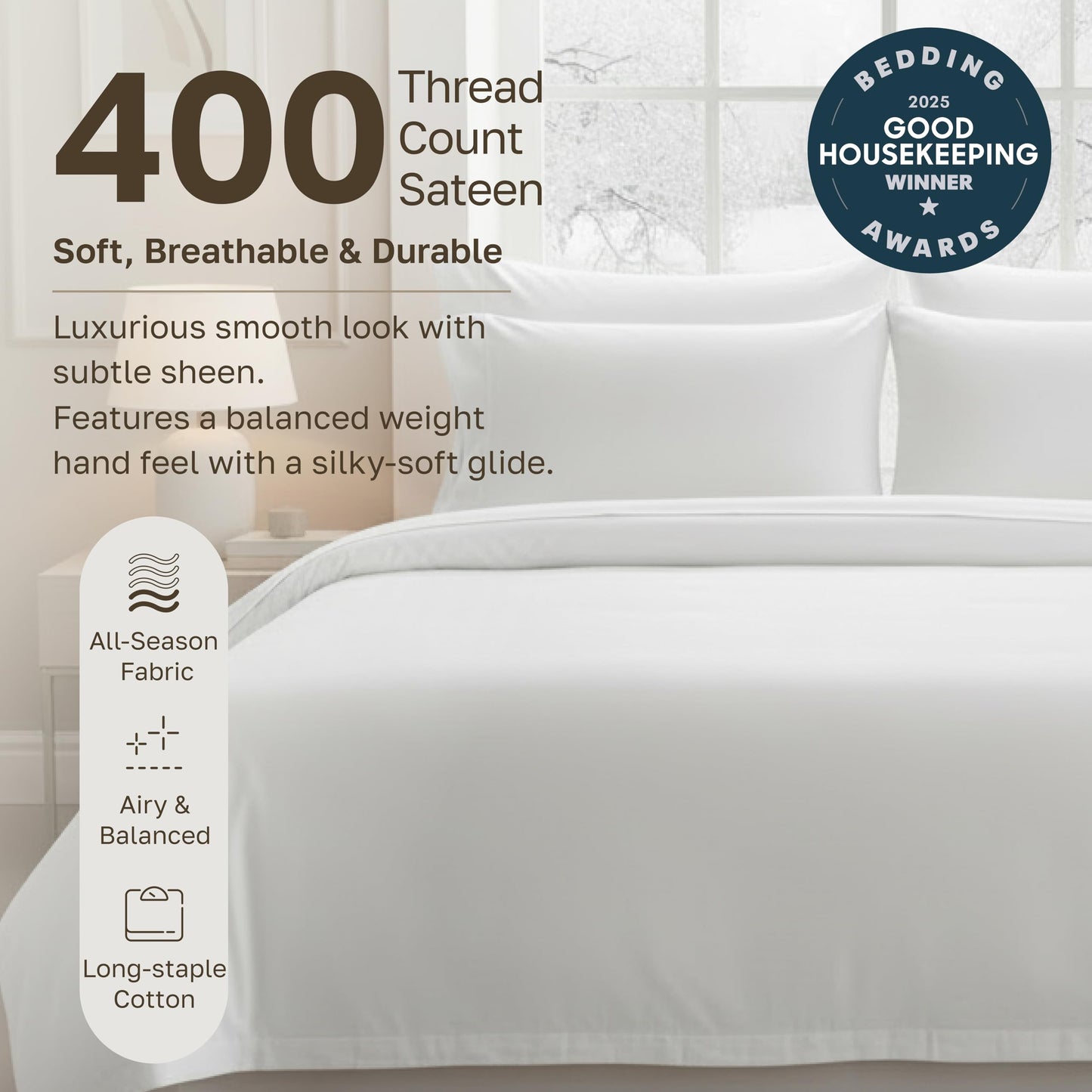 California Design Den Striped White Duvet Cover King Size Only - Premium 400 Thread Count, 100% Cotton Sateen, Button Closure & Corner Ties - White