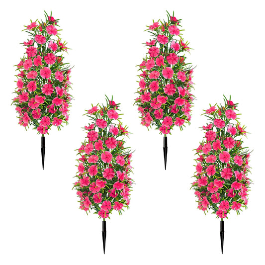 4 Pack Artificial Topiary Trees with Ground Spike for Outdoor, 19" Faux UV Resistant Shrubs with Flowers, Realistic Artificial Fake Bushes Plants for Home Garden Yard Porch Patio Decor (Rose Red)