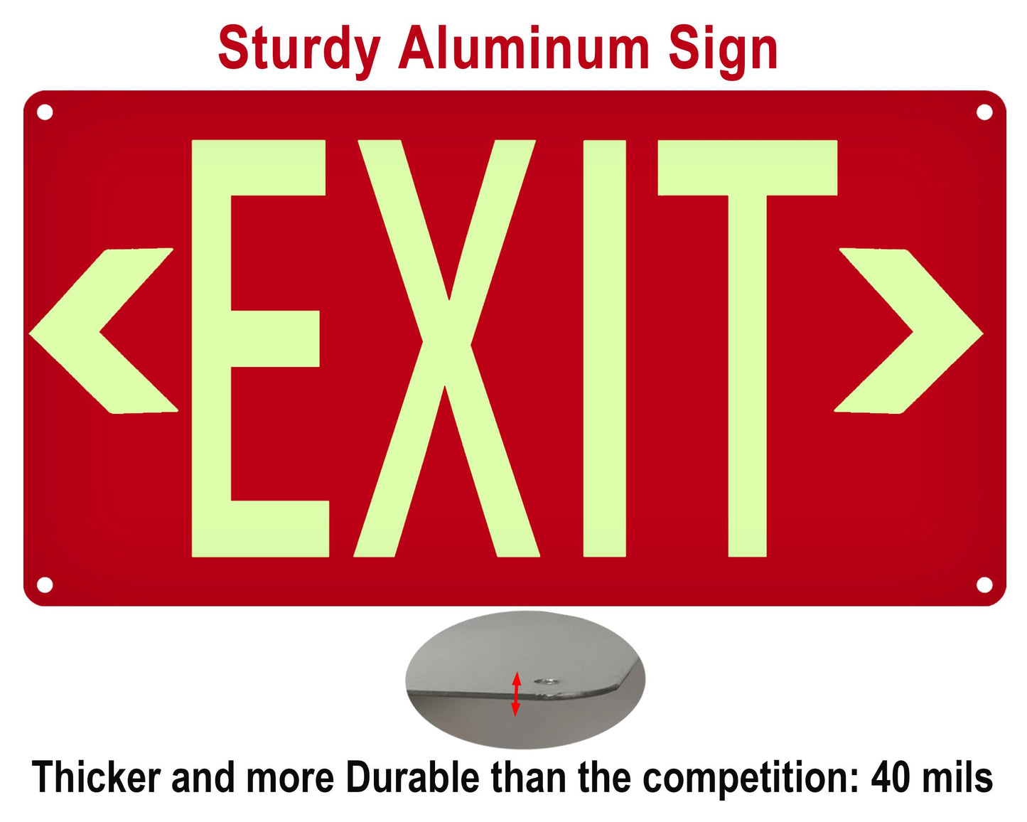 (4 Pack) Photoluminescent Exit Sign Aluminum - Adhesive Backing - Glow In The Dark Exit Sign - Removable Arrows Included - 14.25x7.5 Inches - Non Electrical Red Exit Light For 50 Feet Visibility