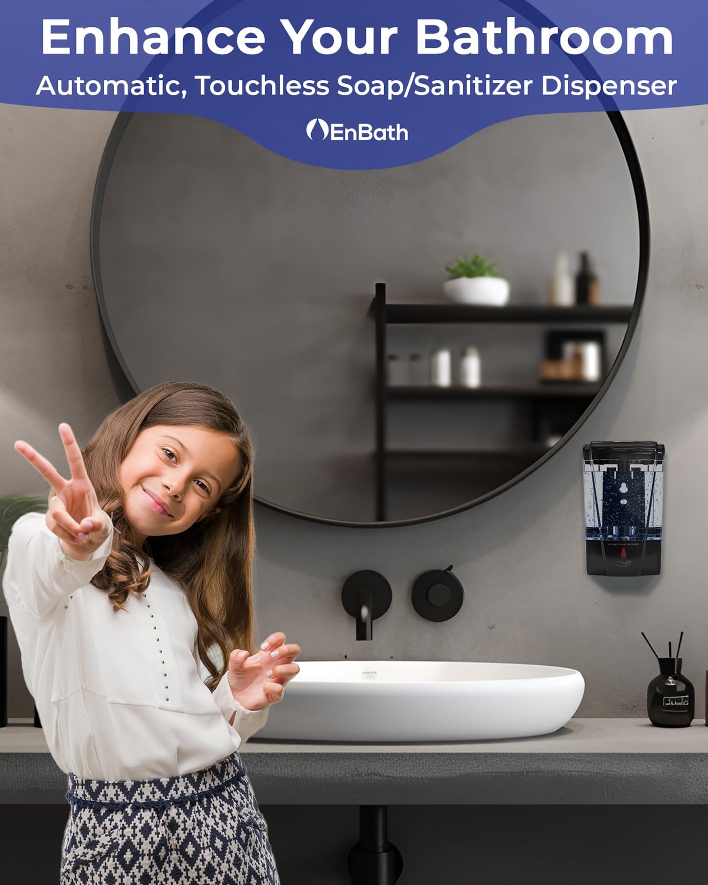 Automatic Soap Dispenser Wall Mount (2-Pack, Black), Touchless Hand Sanitizer/Commercial Hand Soap Dispenser for Bathroom, 20 oz (600ml) Battery Operated Unit with Infrared Sensor - by EnBath